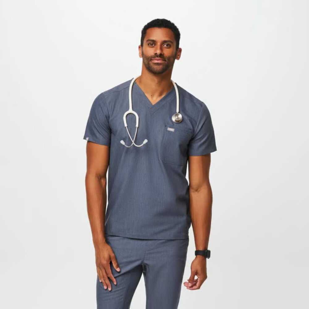 FIGS HEATHER DENIM SCRUB SET WITH 3-POCKET SCRUB TOP AND JOGGERS